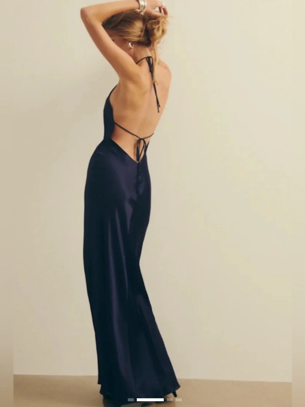 Reformation Jeany Silk Halter Maxi Dress Navy NWT Size L Open Back Bias Cut Gown - Picture 2 of 8